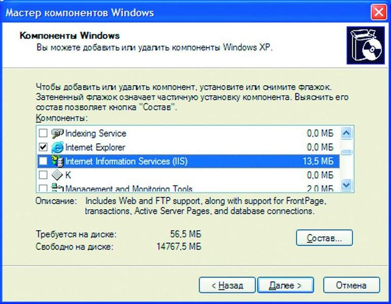 Internet Information Server входит в состав Windows XP Professional