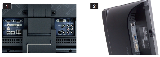 Интерфейсы. Здесь выделяется EIZO Foris FX2431 (1), оснащенный разъемом DVI-D, двумя HDMI, портом D-Sub, интерфейсом S-Video, а также композитными и компонентными видеовходами. Полную противоположность ему представляет собой модель AOC e2436Pa (2), имеющая лишь пару интерфейсов (VGA и DVI).