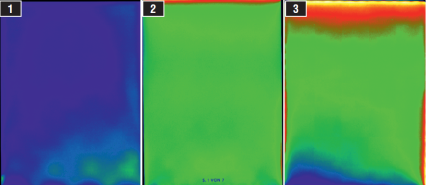 Сравниваем боковую подсветку ридеров. Ридеры не обеспечивают абсолютно равномерной подсветки. В местах расположения светодиодов изображение ярче (красный, зеленый), в противоположной части экрана — темнее (синий). Paperwhite (1) и Kobo Glo (2) компенсируют недостаток. У HD FrontLight 3 получается хуже (3).