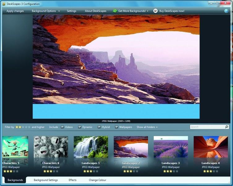 В утилите DeskScapes задайте нужную тему или загрузите дополнительные обои Dreamscene с помощью функции «Get more Backgrounds»