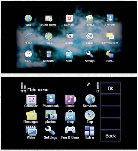 На верхнем скриншоте — меню оригинального смартфона, на нижнем — поддельного. Видно, что клон неплохо копирует фирменные пиктограммы Nokia