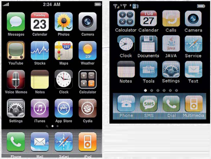 Слева — оригинальное меню iPhone, справа — подделка. Иконки выглядят практически одинаково, но разница заметна невооруженным глазом. Всему виной очень низкая разрешающая способность