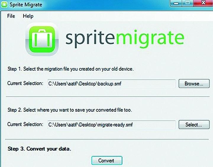 Sprite Migrate предполагает конвертацию файла резервной копии на настольном ПК 