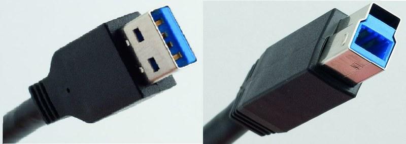 Штекеры USB 3.0. Плоские штекеры типа А подходят к разъемам USB 2.0, а типа B — не подходят из-за дополнительных контактов