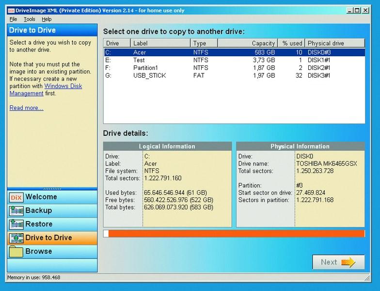 DriveImage XML позволяет скопировать существующую ОС на новый SSD, но только если системный раздел жесткого диска полностью помещается на твердотельном накопителе
