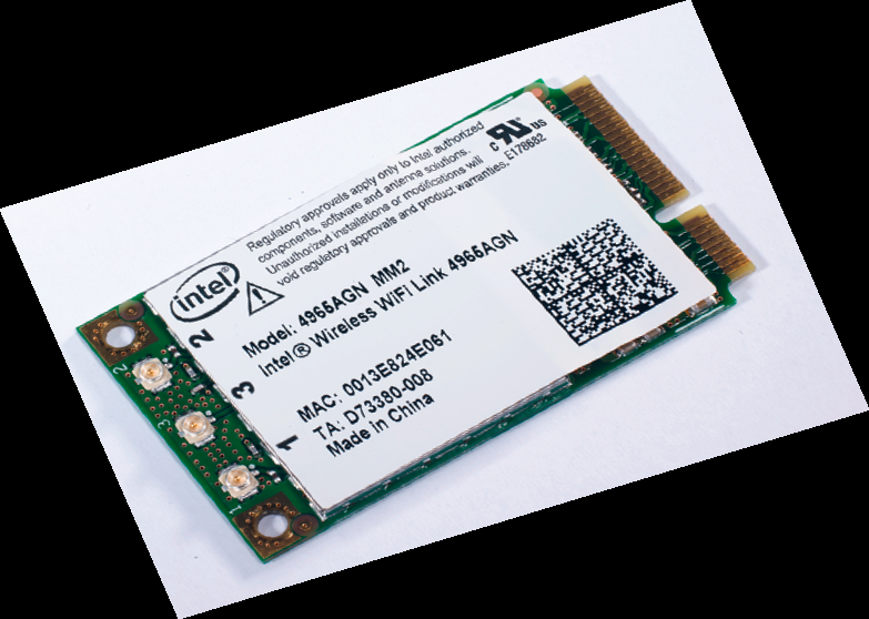 Модуль WLAN Карта расширения Mini PCI Express с модулем WLAN стандарта 802.11n может иметь три штекера для подключения антенн (слева).