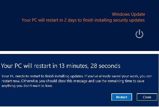 В Windows 8 после получения обновлений у пользователя будет три дня для перезагрузки компьютера. После чего перезагрузка произойдет автоматически в течение 15 минут