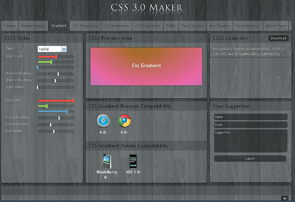 Редактор CSS 3, написанный на HTML 5, генерирует код и подсказывает, с какими браузерами он будет совместим (www.css3maker.com)