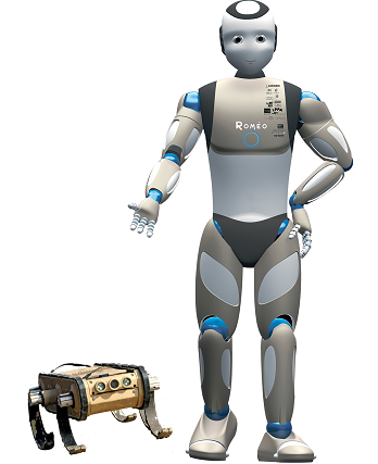 Роботы-помошники Romeo и RHEX. Соотношение размеров роботов на изображении может не соответствовать настоящим 