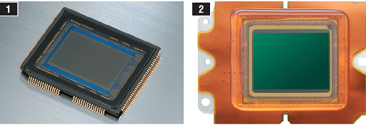 В тесте присутствуют фотокамеры с двумя типами матриц: CMOS (1) размером 23,5x15,6 мм, которой оснащено большинство моделей, и ее модификация от компании Panasonic — NMOS (2) размером 17,3x13 мм, оптимизированная под оптику Micro 4:3. Задачей инженеров было уменьшить CMOS-матрицу, приспособив ее для «беззеркалок», где изображение с матрицы непрерывно подается на дисплей.