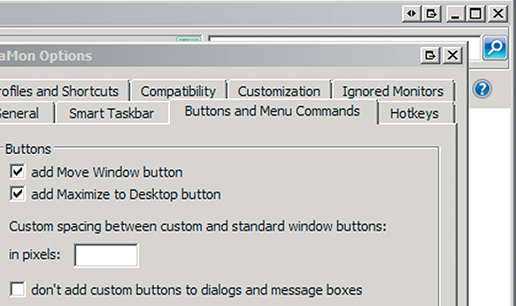 В настройках UltraMon можно задать клавиатурные комбинации, управляющие поведением окон, а также добавить кнопки, разворачивающие окно во весь экран или переносящие его на другой монитор