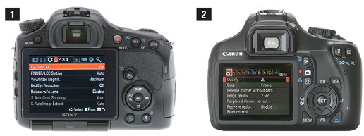 Full HD-видео. Большинство фотокамер в тесте умеют снимать видео в формате Full HD (1080p) (1) , и лишь две модели — Nikon D90 и бюджетная Canon EOS 1100D — ограничены стандартом HD Ready (720p) (2). Устройства Sony и здесь имеют некоторое преимущество, поскольку им не нужно для видеосъемки поднимать зеркало. Это обеспечивает большую скорость смены режимов и быструю автофокусировку в видеорежиме.
