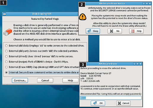 Перезапись SSD командой 'Secure Erase'. Инструмент Disk Eraser в дистрибутиве Parted Magic выполняет команду «Secure Erase» (1). При появлении сообщения о зависании перезагрузите компьютер с помощью «Sleep» (2) . После этого снова введите внутренний пароль и продолжите выполнение задачи (3).