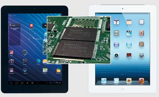 iPad от Apple стоит как минимум в два раза дороже CMX Aquila 097 (слева, цена около 10 000 руб.). При этом частично устройства состоят из компонентов одних и тех же производителей: в обоих используются накопители на основе флеш-памяти фирмы Hynix.