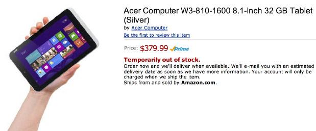 Неанонсированный планшет Acer Aspire W3 на Amazon