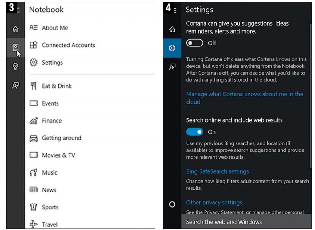 Через раздел «Notebook» можно перейти к настройкам. Здесь следует решить, будет ли Cortana реагировать на ваши голосовые команды