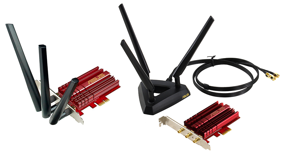 Со сменными платами PCIe, например, Asus PCE-AC68, используются внешние антенны, которые благодаря длинному кабелю можно устанавливать так, чтобы прием был оптимальным. Антенны в помещении необходимо ставить повыше и не загромождать их.