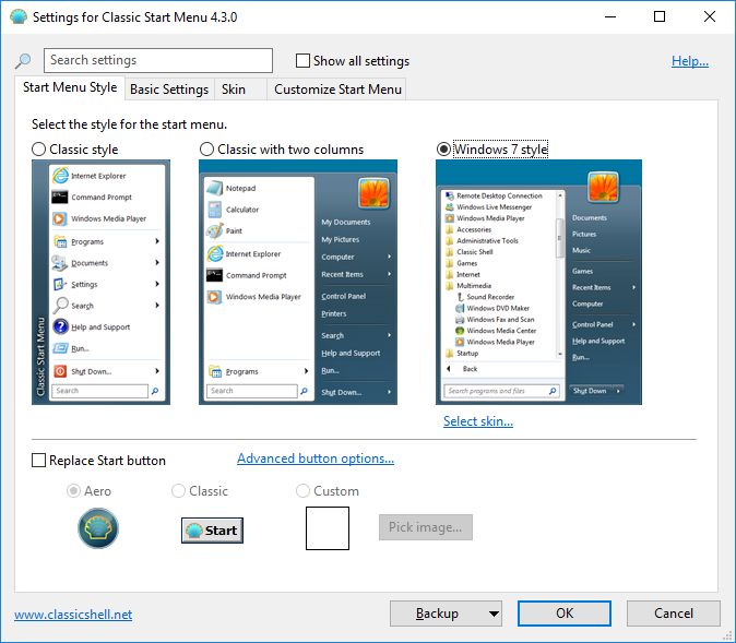 Бесплатное ПО Classic Shell предлагает на выбор несколько вариантов меню Пуск, напоминающие, среди прочего, Windows 7