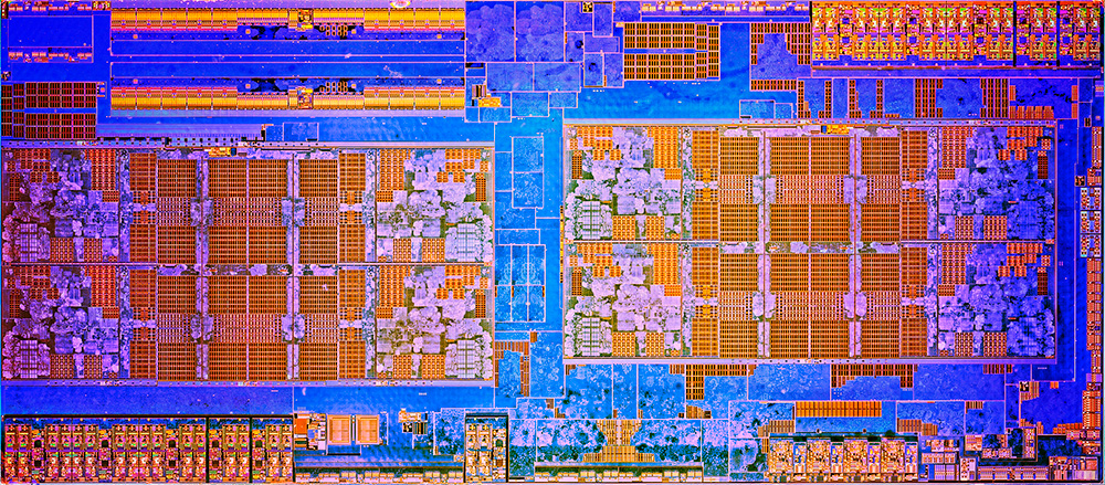 AMD Ryzen 7 1800X в горизонтальной проекции: в центре мы видим два кластера из 4 ядер с возможностью манипуляции 8 потоками одновременно.