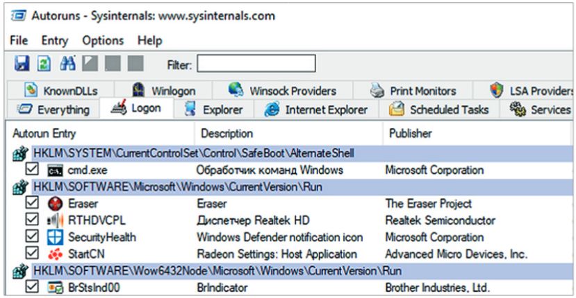 Средство Windows Autoruns отображает на вкладке «Вход в систему» программы, которые запускаются с операционной системой