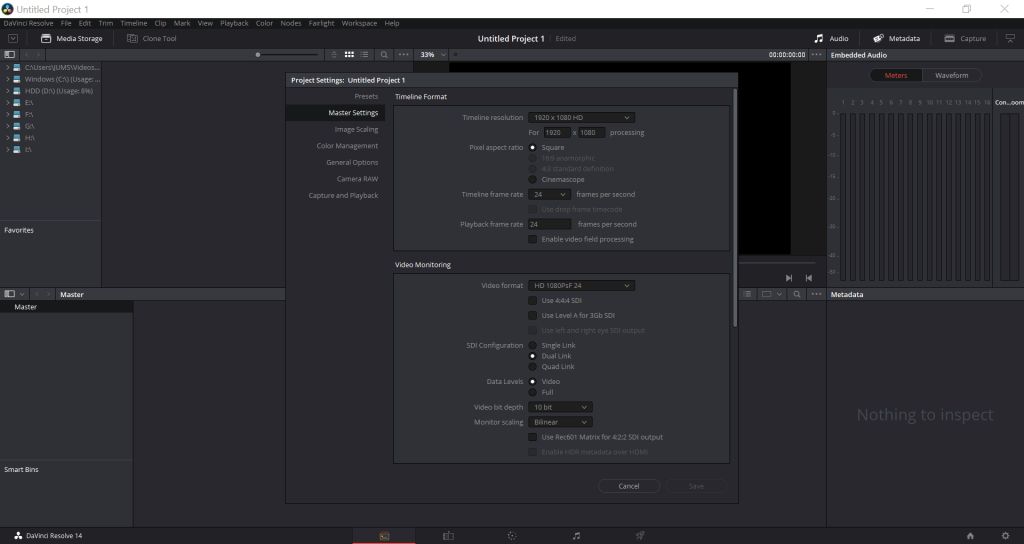 Настройки проекта davinci resolve