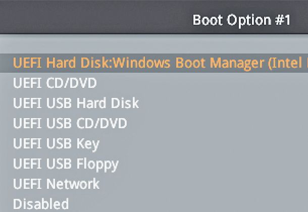 Если системный диск не отображается как вариант загрузки, откройте расширенное меню UEFI и установите его первым загрузочным устройством 