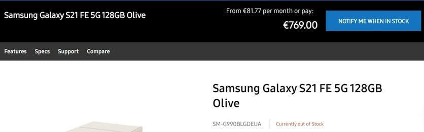 Цена Samsung Galaxy S21 FE раскрыта на официальном сайте производителя — от 769 евро