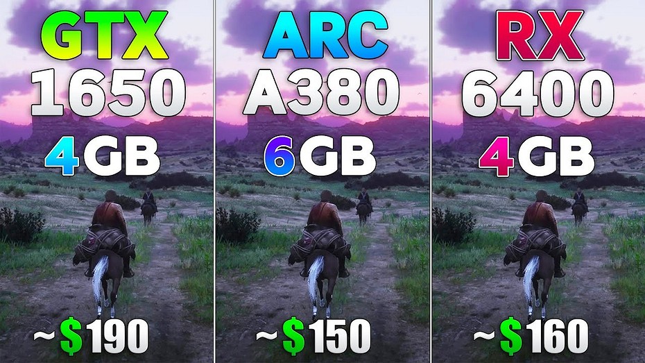 Видеокарты Intel ARC A380, GeForce GTX 1650 и Radeon RX 6400 сравнили в 8 современных играх