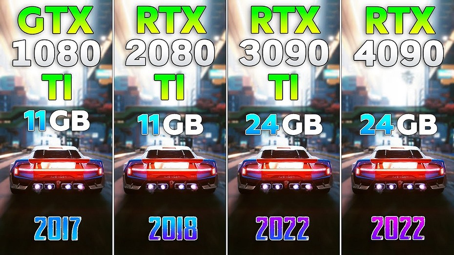 Флагманские видеокарты GeForce GTX 1080 Ti, GeForce RTX 2080 Ti, GeForce RTX 3090 Ti и GeForce RTX 4090 сравнили в 8 играх