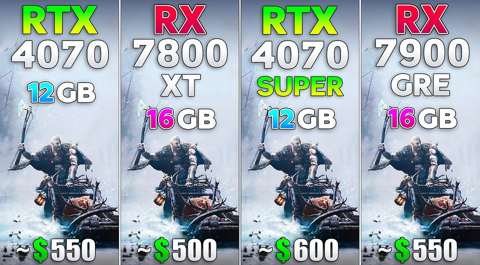 Видеокарты GeForce RTX 4070, RTX 4070 SUPER, Radeon RX 7800 XT и RX 7900 GRE сравнили в играх