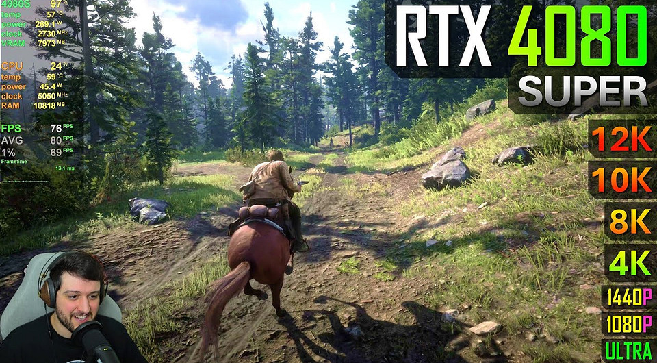 Эксперт показал, на что способна видеокарта RTX 4080 SUPER в RDR 2 в 1080p, 2K, 4K, 8K, 10K и 12K