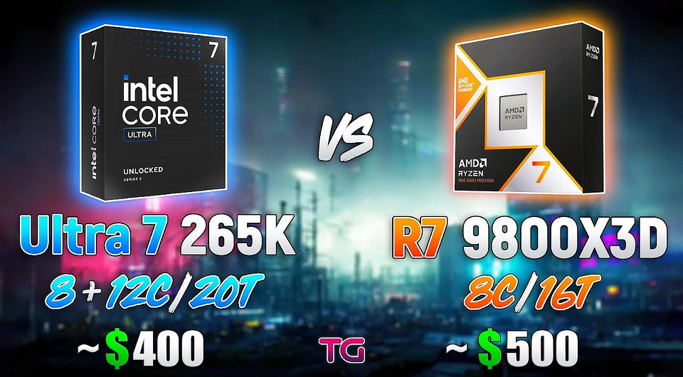 Процессоры AMD Ryzen 7 9800X3D и Intel Core Ultra 7 265K сравнили в 10 играх в 1080p