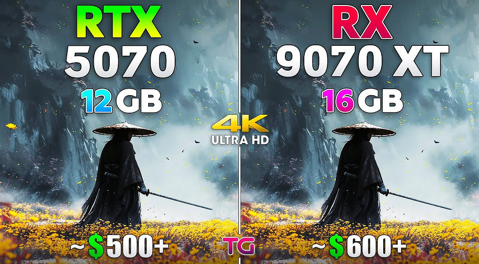 Видеокарты Radeon RX 9070 XT и GeForce RTX 5070 сравнили в 4K в 12 играх