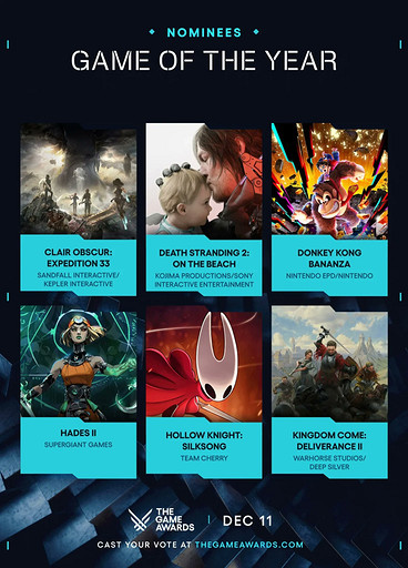 Объявлены номинанты премии «Игра года» в рамках The Game Awards 2025 — всего 6 игр