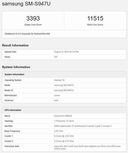 Тонкий и легкий Samsung Galaxy S26 Edge с топовым Snapdragon 8 Elite 2 протестировали в Geekbench