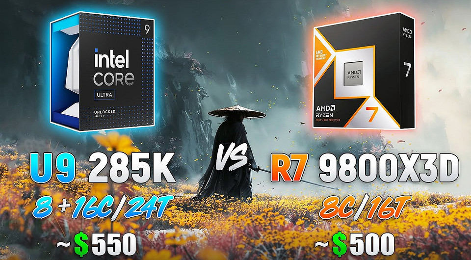 Мощные процессоры Intel Core Ultra 9 285K и AMD Ryzen 7 9800X3D сошлись в «игровой» битве