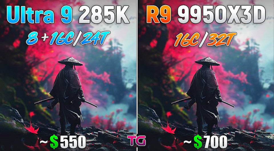 Флагманские процессоры Intel Core Ultra 9 285K и AMD Ryzen 9 9950X3D сравнили в 10 играх