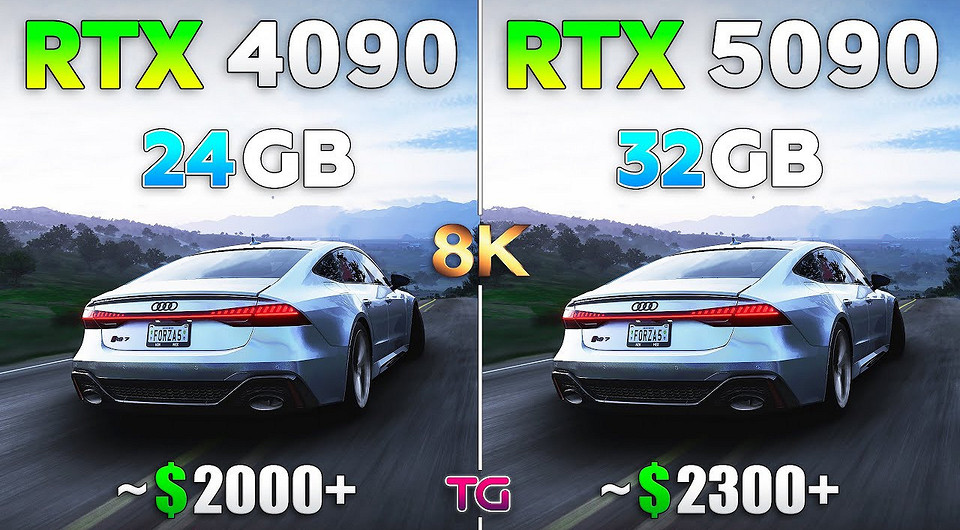 Флагманские видеокарты двух поколений GeForce RTX 4090 и GeForce RTX 5090 сравнили в 8K