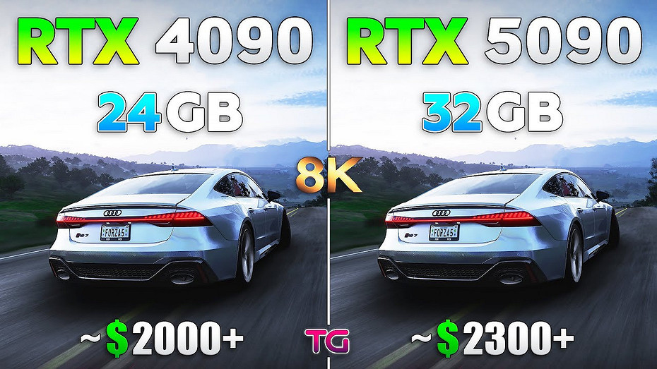 Флагманские видеокарты двух поколений GeForce RTX 4090 и GeForce RTX 5090 сравнили в 8K