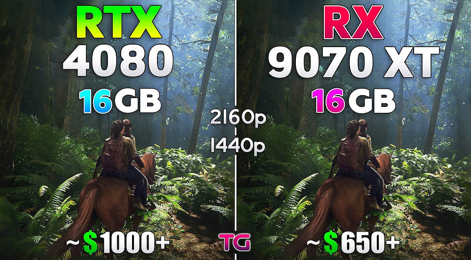 Эксперт сравнил видеокарты GeForce RTX 4080 и Radeon RX 9070 XT после обновления драйверов в 4K