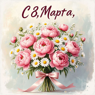 Праздничная открытка к 8 Марта. Большой букет из розовых пионов и белых ромашек, перевязанный атласной лентой. Светлый пастельный фон, мягкие акварельные тона. В верхней части надпись «С...