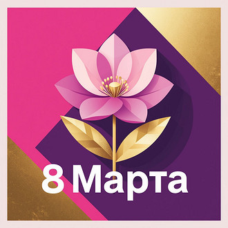Открытка на 8 Марта в современном стиле. Абстрактный фон из розовых, сиреневых и золотых геометрических фигур. В центре — стилизованный весенний цветок с тонкими лепестками. Минимализм, п...