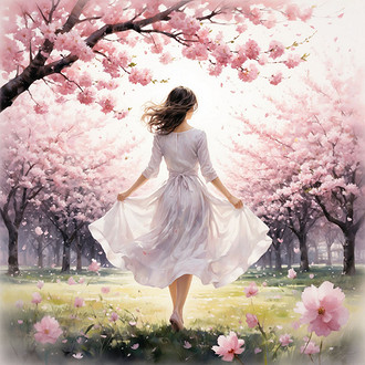 Открытка к 8 Марта. Молодая женщина в легком весеннем платье стоит в цветущем саду среди розовых сакур. Лепестки кружатся в воздухе. Мягкий закатный свет, акварельная техника. Романтика и...