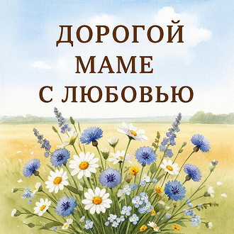 Тёплая поздравительная открытка к 8 Марта для взрослой женщины. Букет из полевых цветов — ромашек, васильков и незабудок. Деревенский стиль, акварель. На фоне — светлое поле и голубое неб...