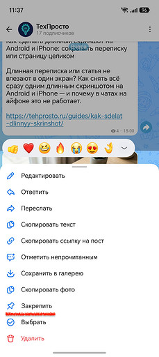 Тапаем по сообщению и выбираем «Закрепить»